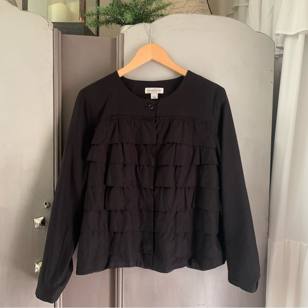 Christopher & Banks Silk Cotton Blend Black Ruffled Button Down